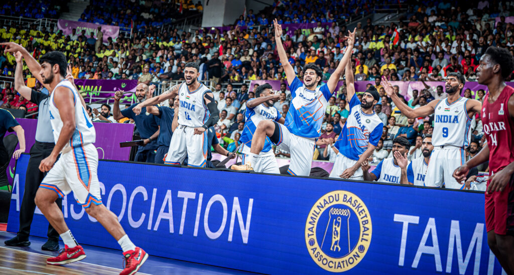 Indian national basketball team celebrates a three pointer from Muin Bek